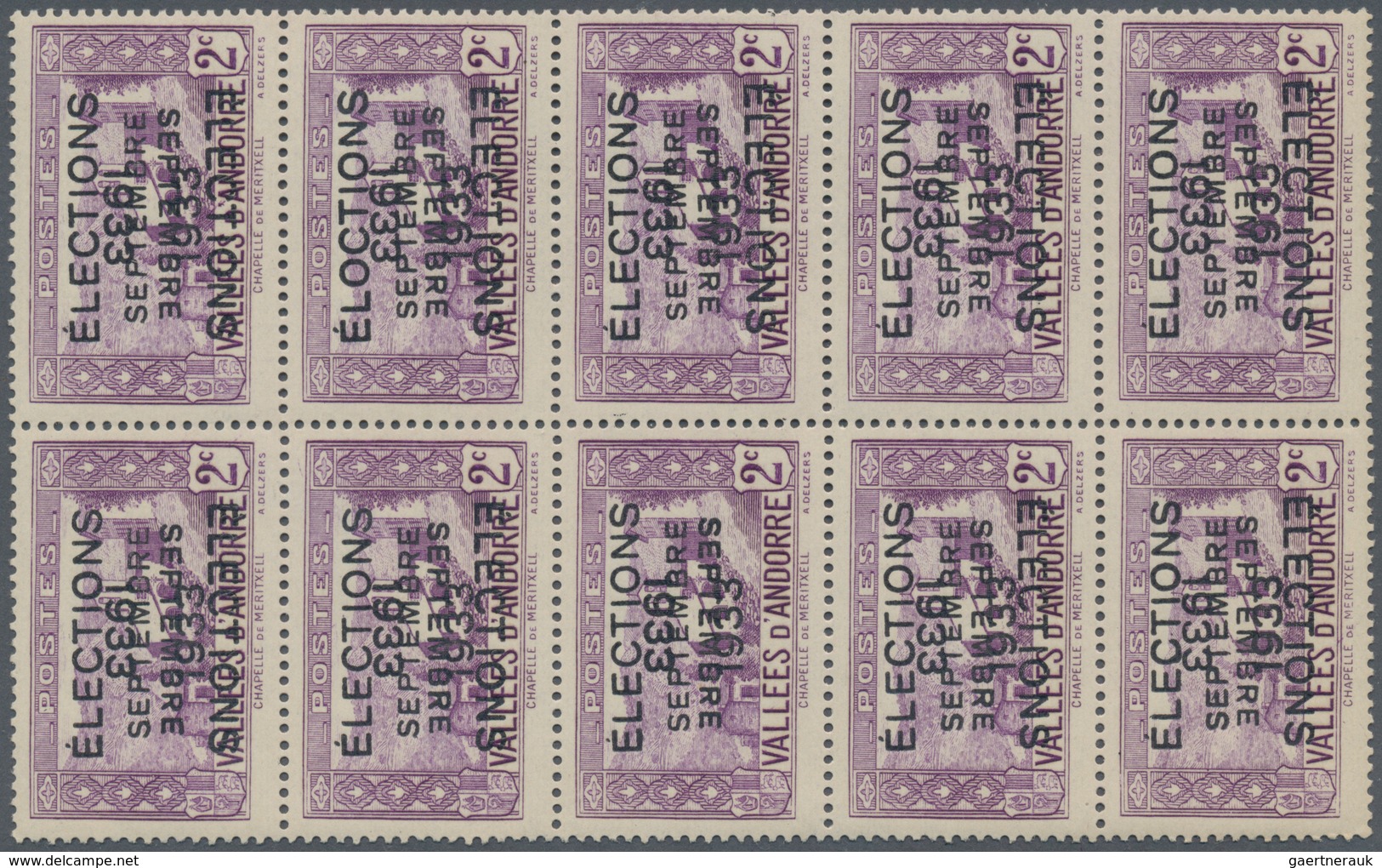 Andorra - Französische Post: 1933, "ELECTIONS" Overprints, Private Issue, 2c. Violet In Block Of Ten - Sonstige & Ohne Zuordnung