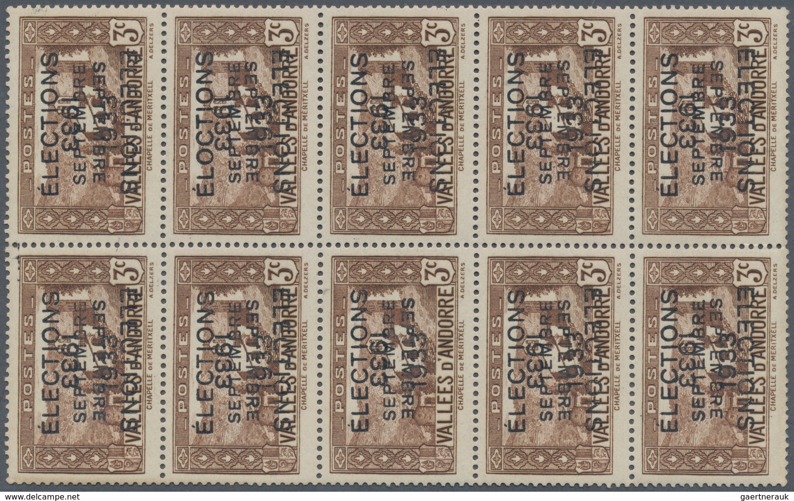 Andorra - Französische Post: 1933, "ELECTIONS" Overprints, Private Issue, 3c. Brown In Block Of Ten - Sonstige & Ohne Zuordnung