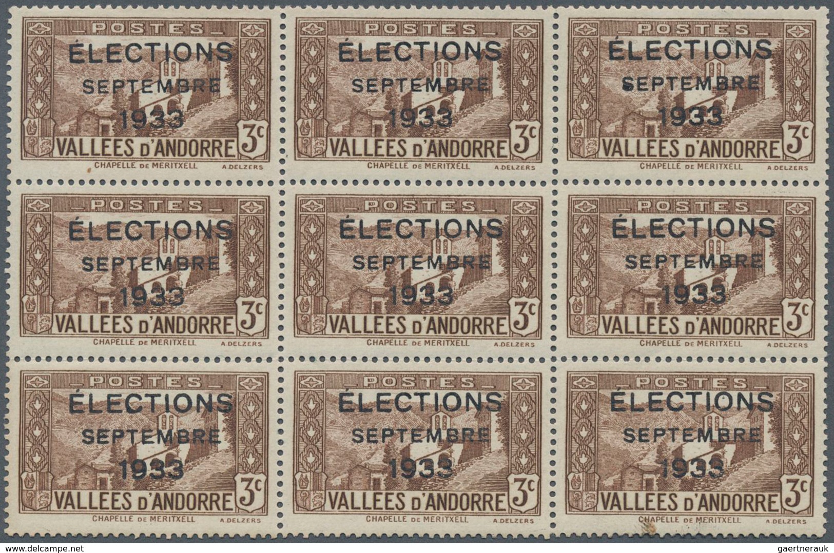 Andorra - Französische Post: 1933, "ELECTIONS" Overprints, Private Issue, 3c. Brown In Block Of Nine - Autres & Non Classés