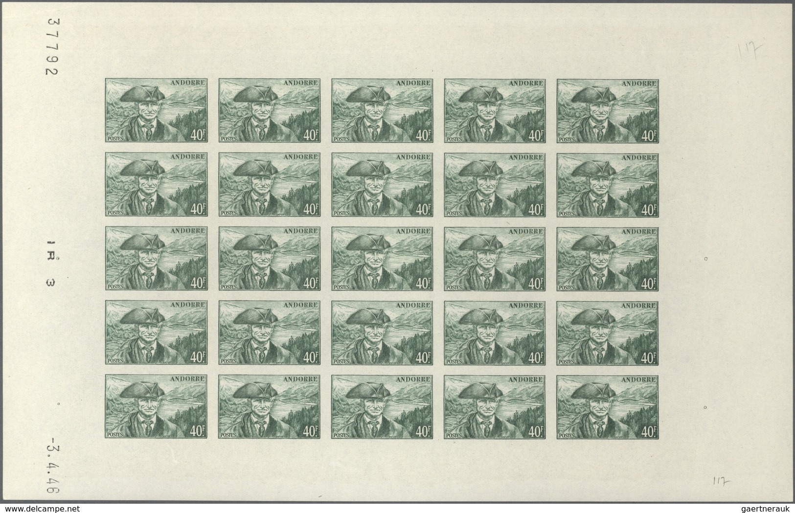 Andorra - Französische Post: 1944, "Landscapes", 40 Fr Dark Green, Complete Sheet Of 25 Imperforated - Autres & Non Classés