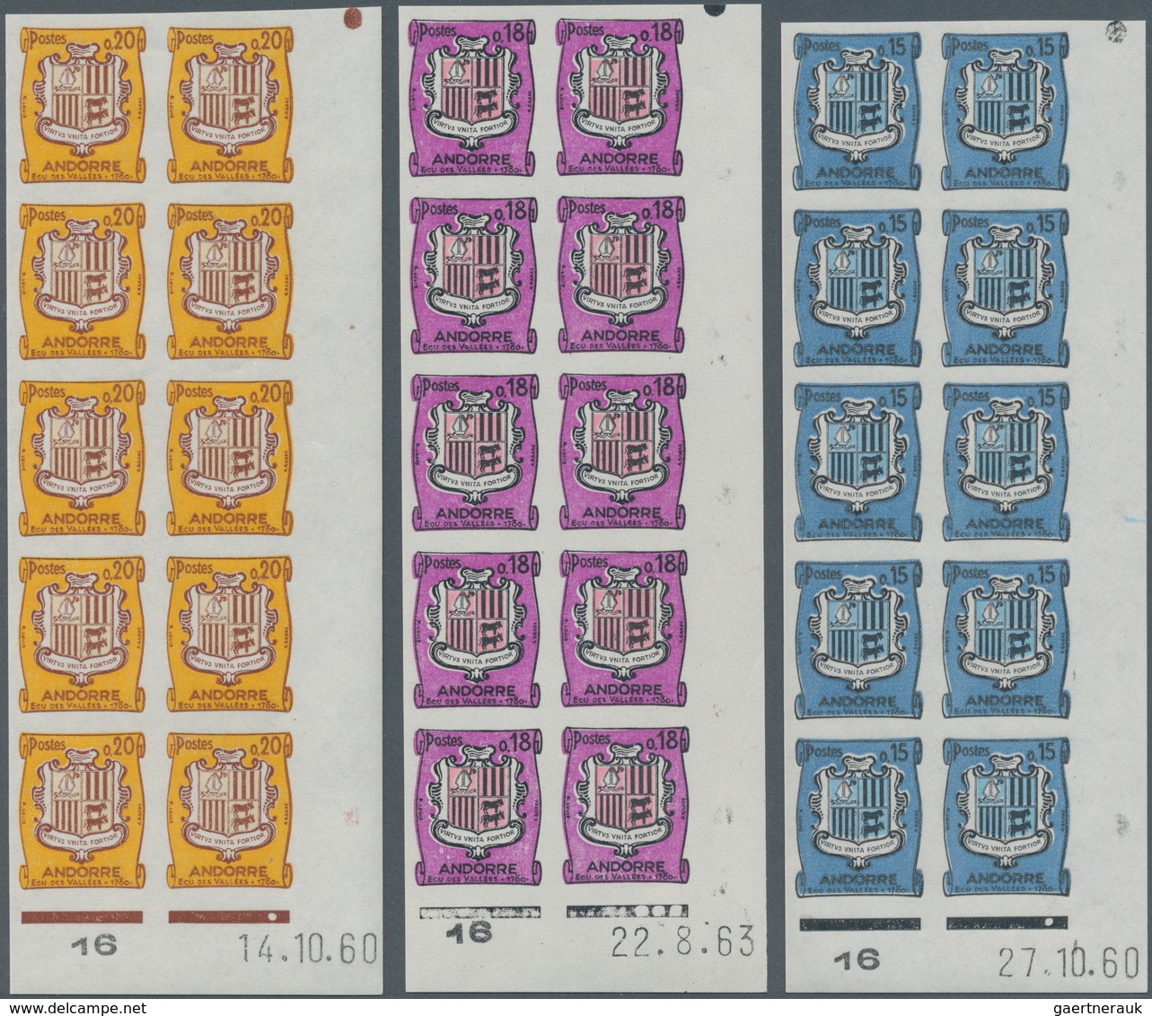 Andorra - Französische Post: 1961/1964, Coat Of Arms Complete Set Of Eight In IMPERFORATE Blocks Of - Autres & Non Classés