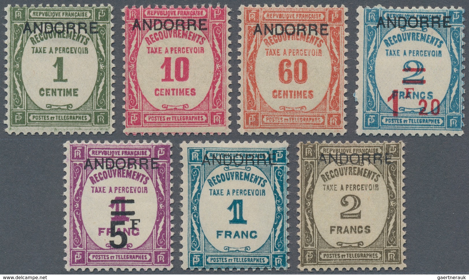Andorra - Französische Post - Portomarken: 1931, 1 C - 5 Fr Postage Dues, 7 Different Values, VF MLH - Lettres & Documents
