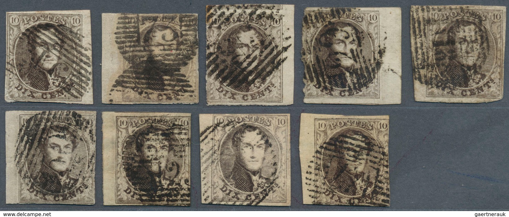 Belgien: 1851/1854, 10c. Brown, Group Of Nine Used Marginal Copies, Mainly Full Margins At Other Sid - Covers & Documents