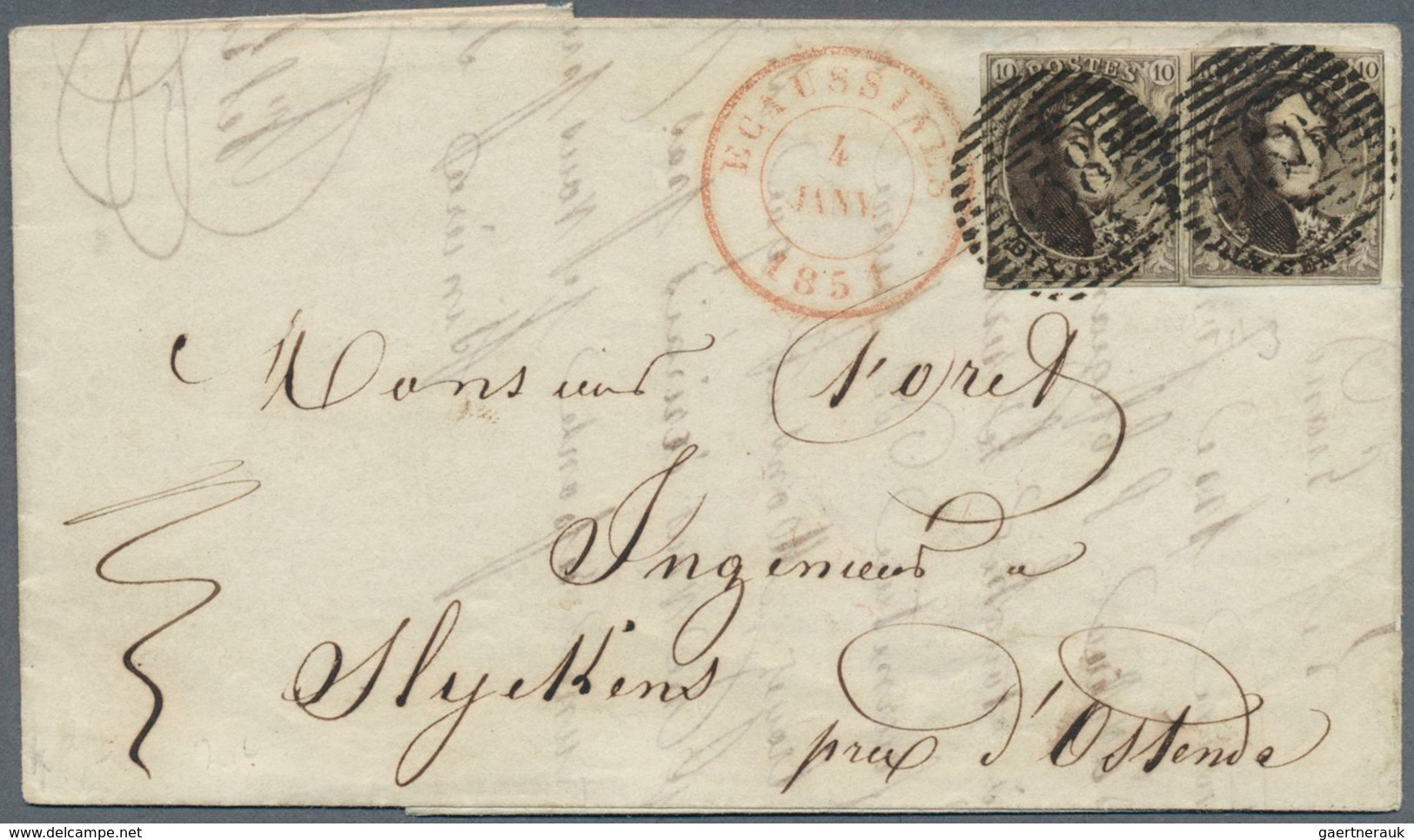 Belgien: 1851, EARLY USAGE 10c. Brown Horiz. Pair, Fresh Colour, Touched To Full Margins, On Letters - Lettres & Documents