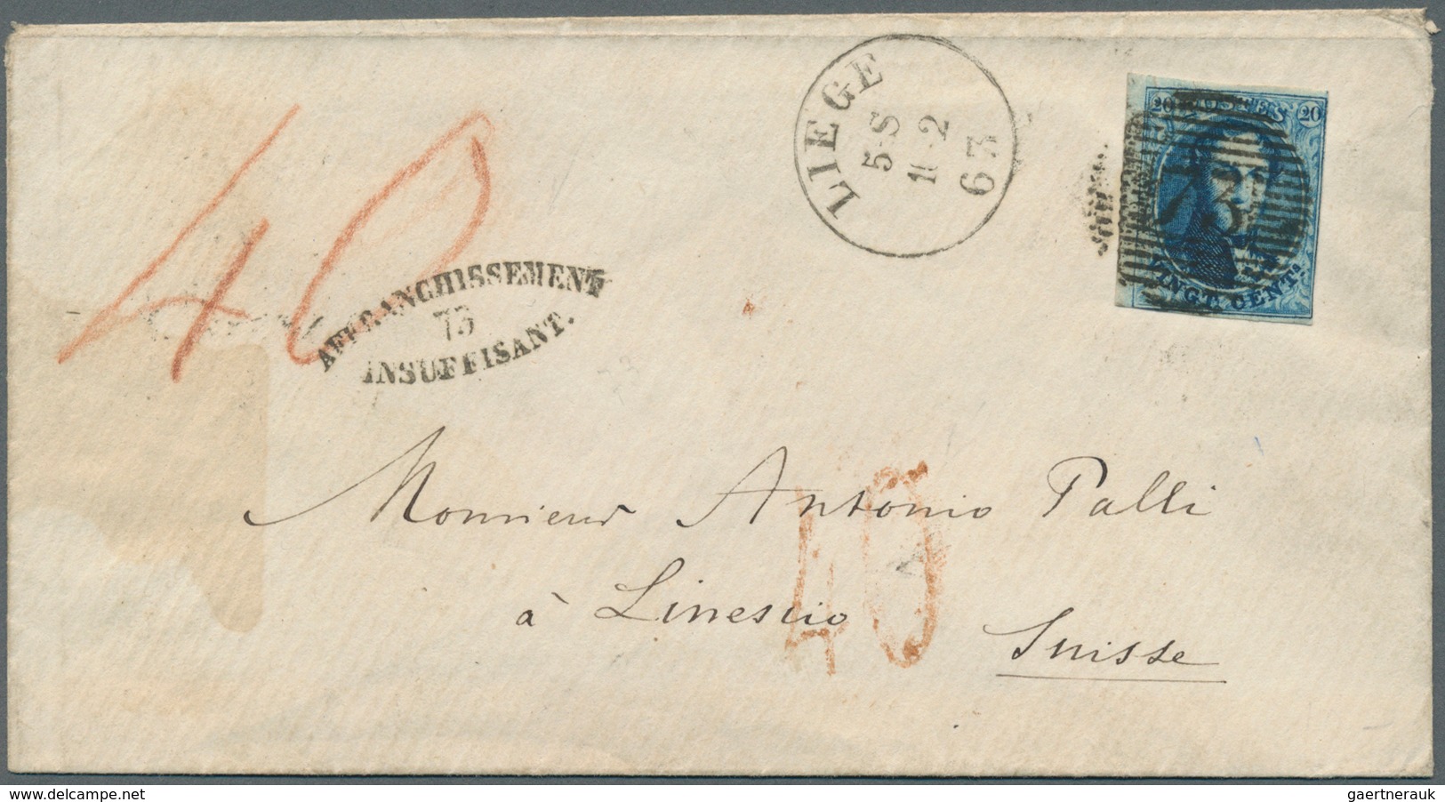 Belgien: 1856/1863, Two Insufficiently Paid 20c. Blue Entires To France Resp. Switzerland: 1856 Lett - Briefe U. Dokumente