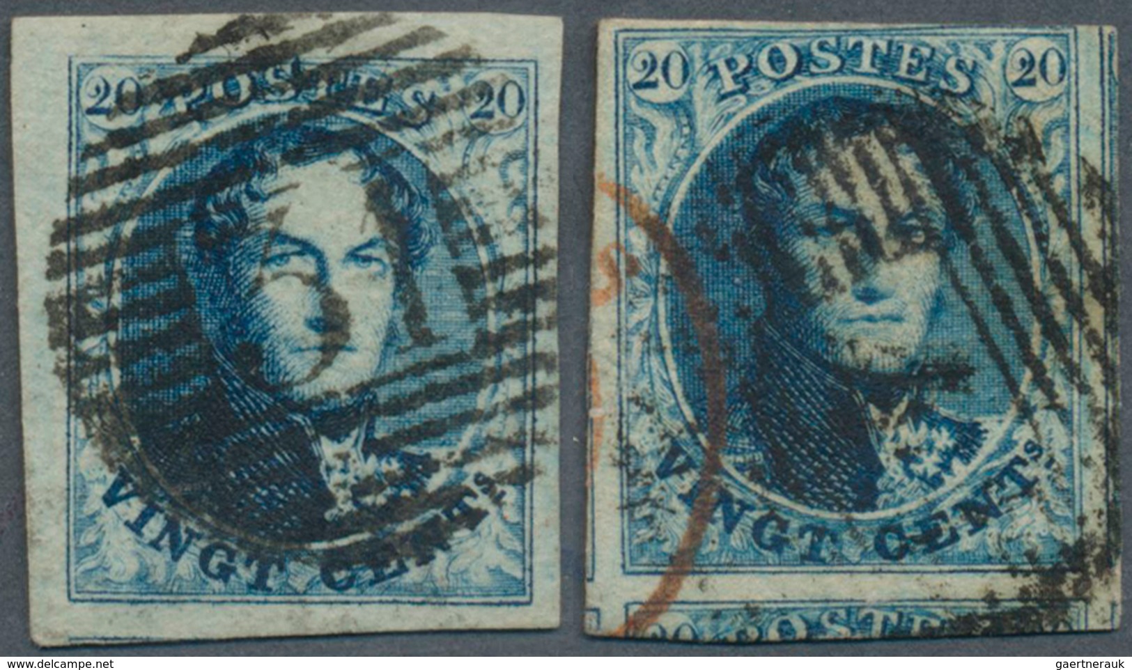 Belgien: 1851, 20c. Blue, Two Used Copies Of Fresh Colour: One Stamp With Huge Margins All Around, O - Covers & Documents