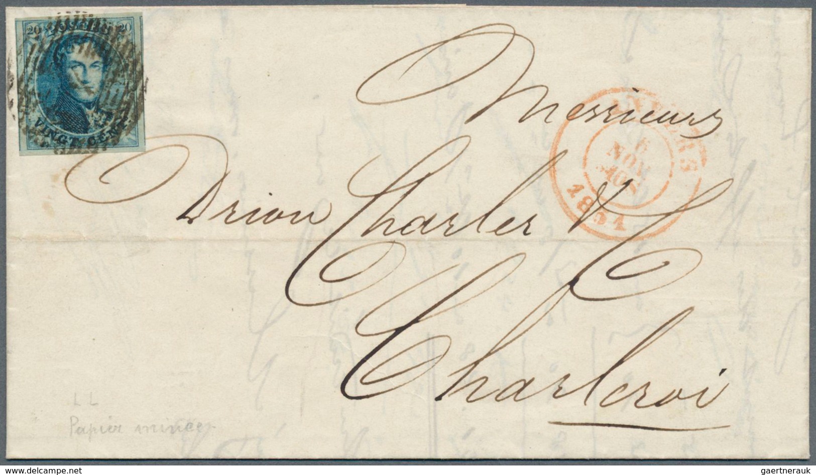 Belgien: 1851, 20c. Blue, Thin Paper, Fresh Colour, Huge Margins With Parts Of Right And Left Adjoin - Lettres & Documents