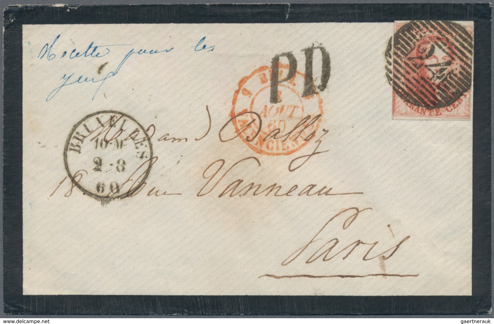 Belgien: 1860, 40 C Red With Full Margins Cancelled "24" And Besides Circle Postmark Bruxelles On Sm - Briefe U. Dokumente