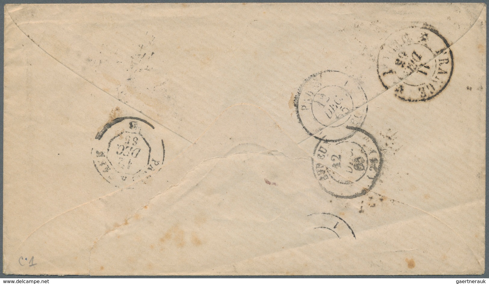 Belgien: 1865. Envelope (toned) Addressed To France Bearing Yvert 15a, 20c Blue Tied By '60' In Dott - Briefe U. Dokumente