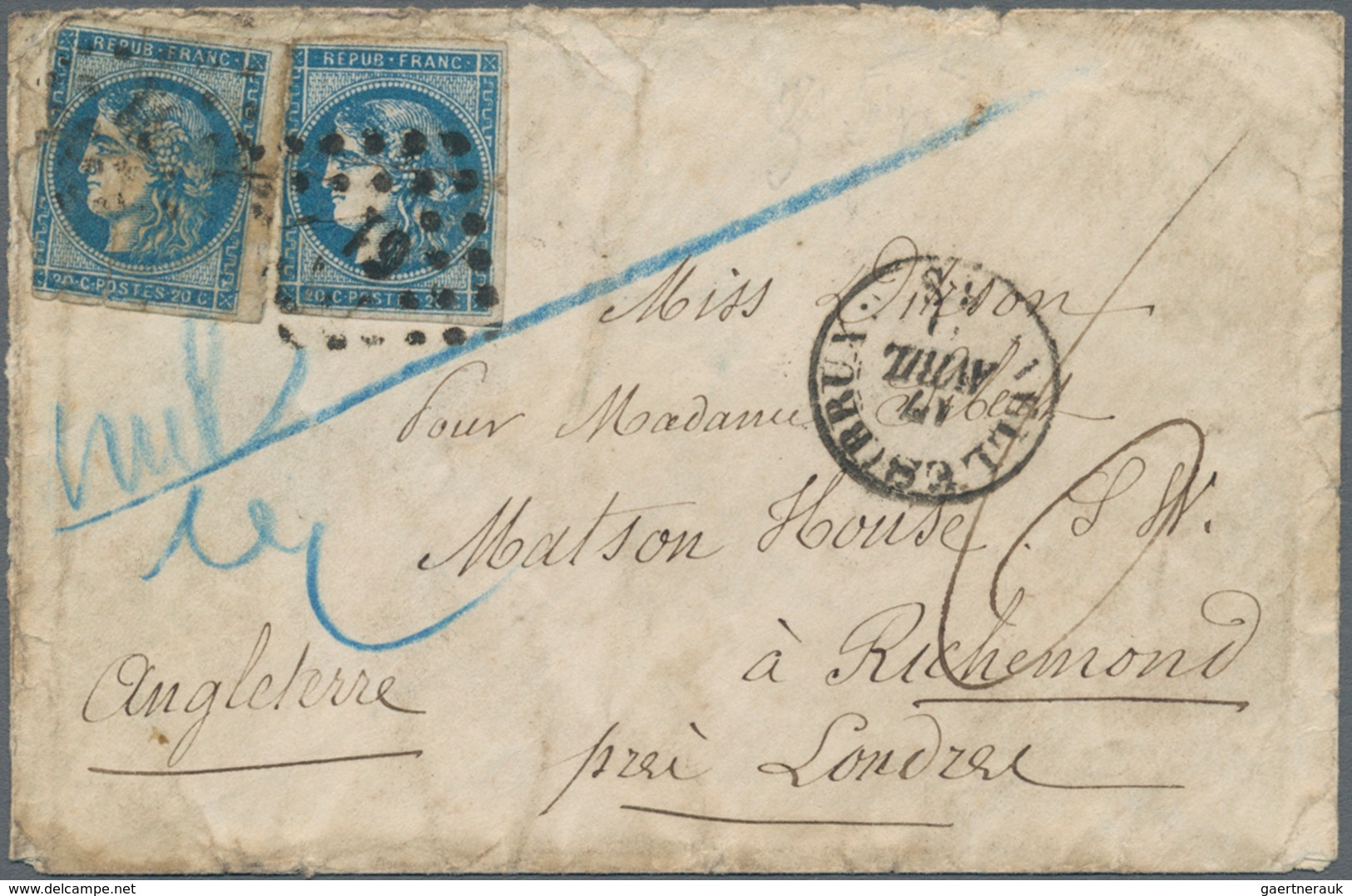 Belgien: 1871 Cover From Brussels To Richmond Near London Franked By Two Singles Of FRENCH 1870 20c. - Covers & Documents