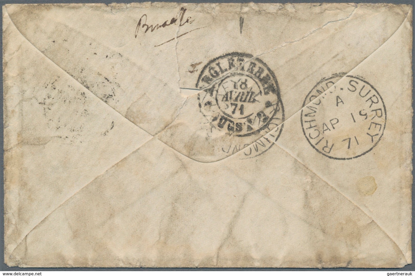 Belgien: 1871 Cover From Brussels To Richmond Near London Franked By Two Singles Of FRENCH 1870 20c. - Briefe U. Dokumente