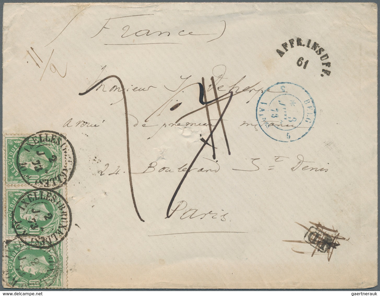 Belgien: 1873. Envelope Addressed To France Bearing Yvert 30, 10c Green (strip Of Three, Left Stamp - Lettres & Documents