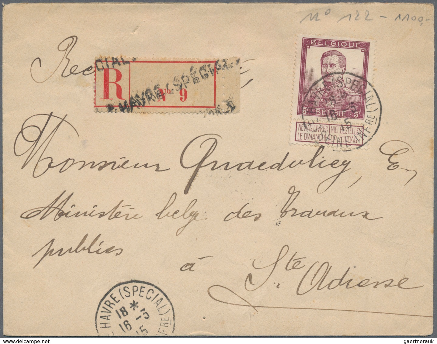 Belgien: 1912 KAI. 5f. Lilac-brown With Tab Used As Single Franking On 1915 Registered Cover, Used F - Covers & Documents