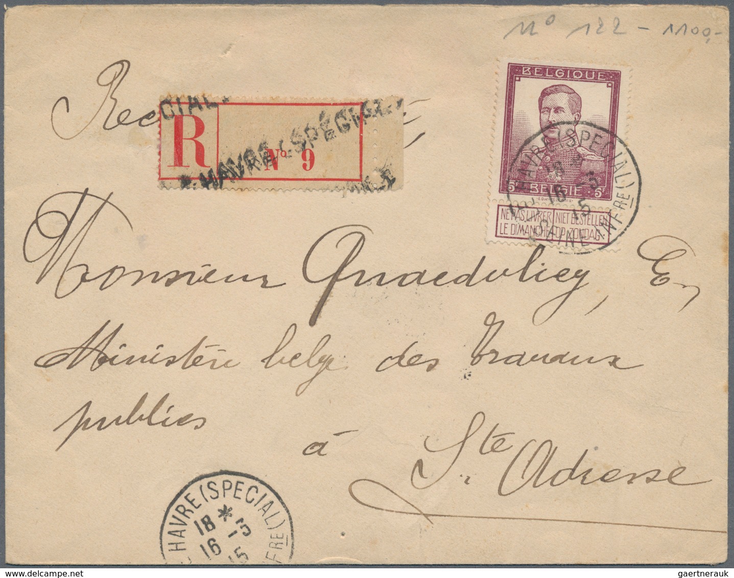 Belgien: 1912 KAI. 5f. Lilac-brown With Tab Used As Single Franking On 1915 Registered Cover, Used F - Briefe U. Dokumente