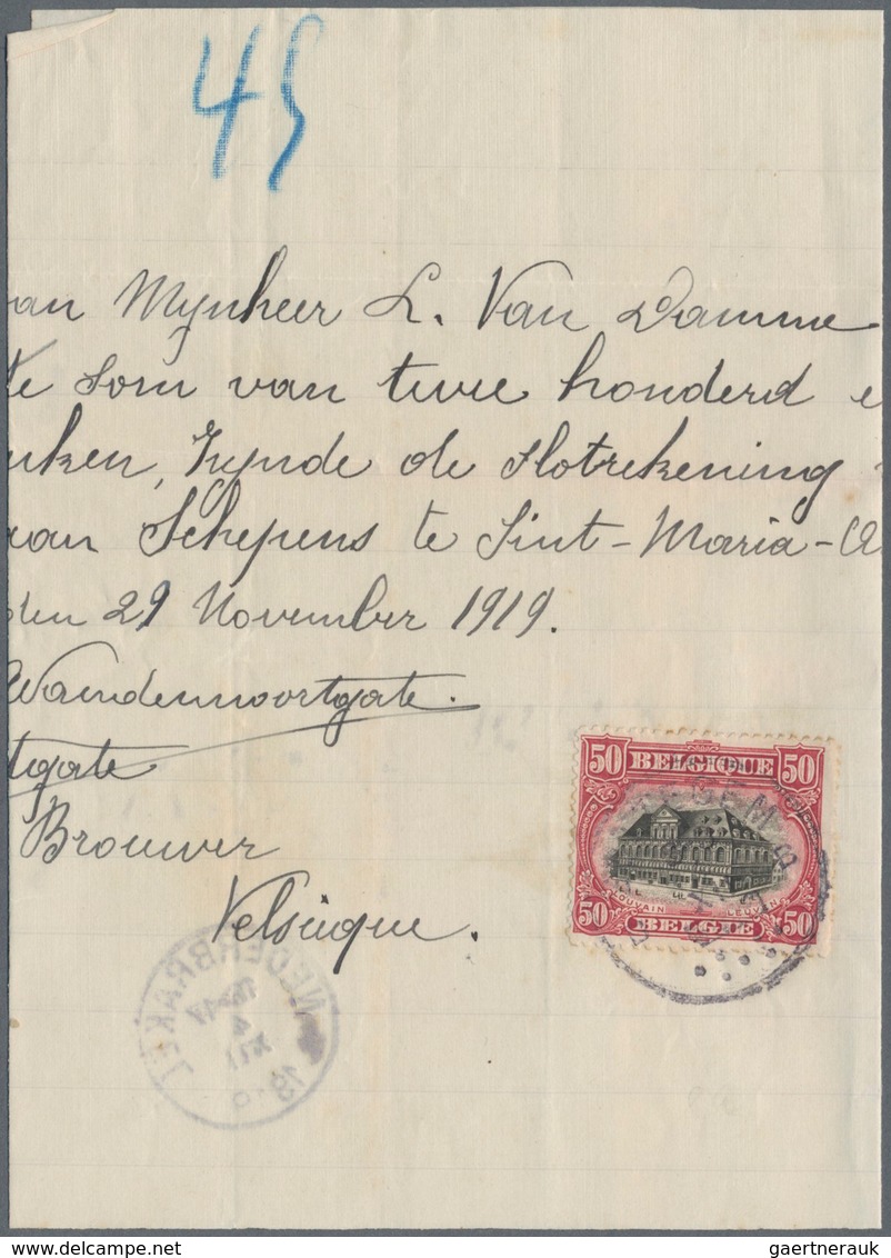 Belgien: 1919, 50 C Carmine/black On Interesting Handwritten Formular, On Reverse Circle Stamp NEDER - Briefe U. Dokumente