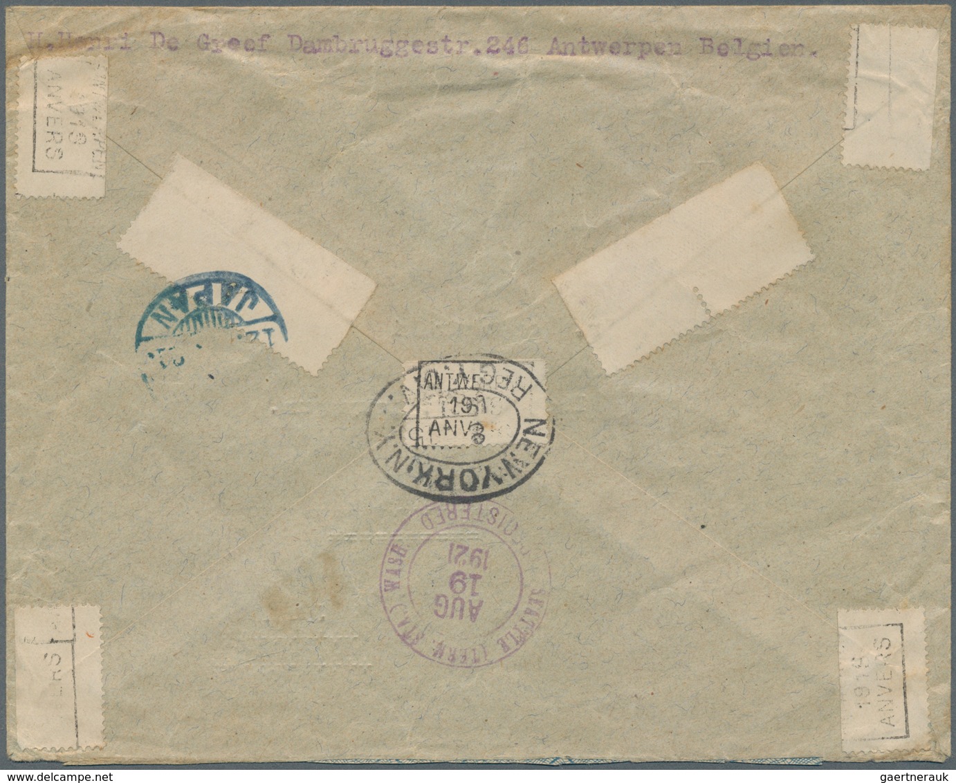 Belgien: 1921, 1 Fr Violet Single Franking On Registered Letter From Antwerpen Via New York And Seat - Briefe U. Dokumente