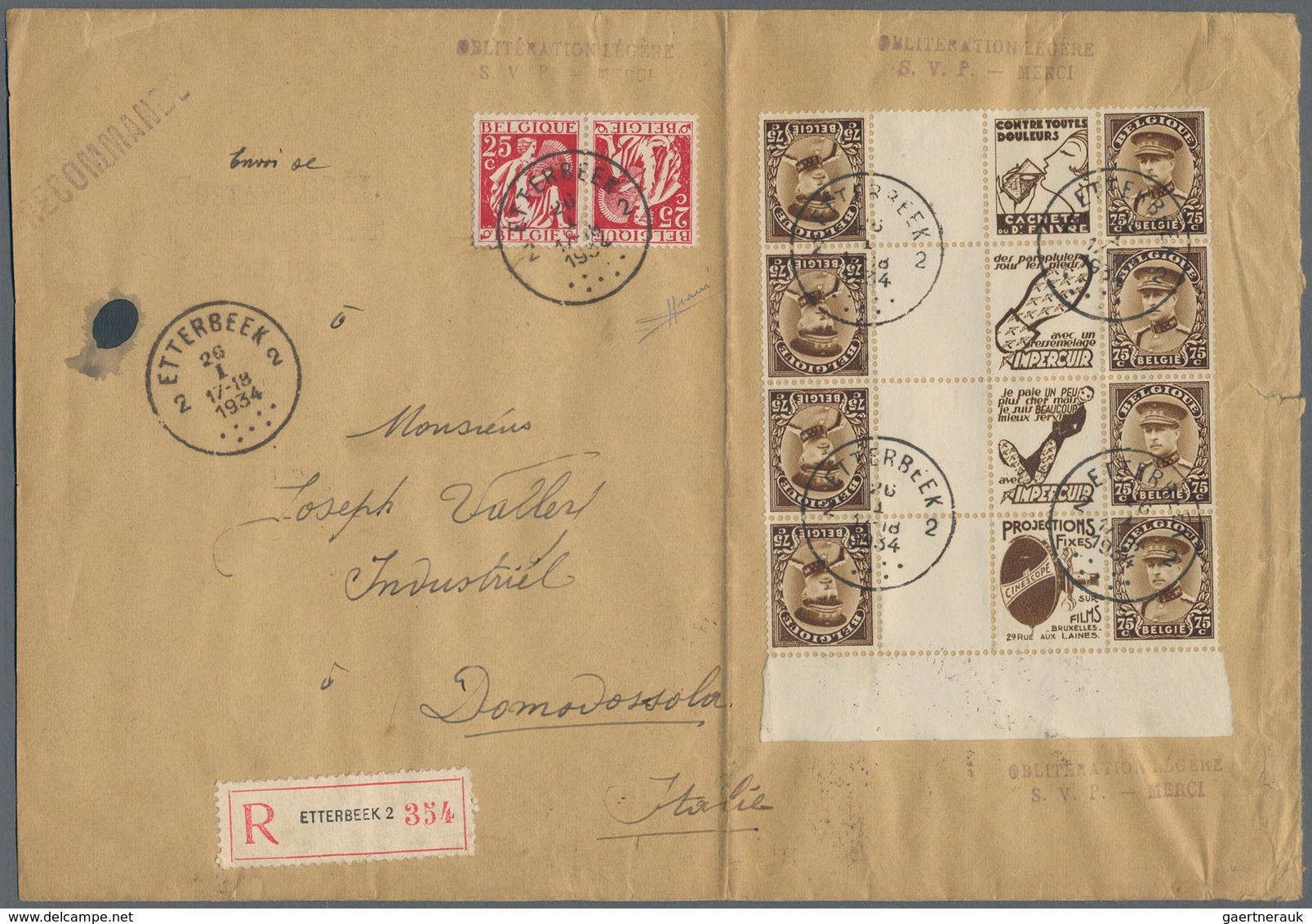 Belgien: 1934. Registered Letter From Etterbeek To Domodossola, Italy, Franked With 25 C Red Tete-be - Lettres & Documents