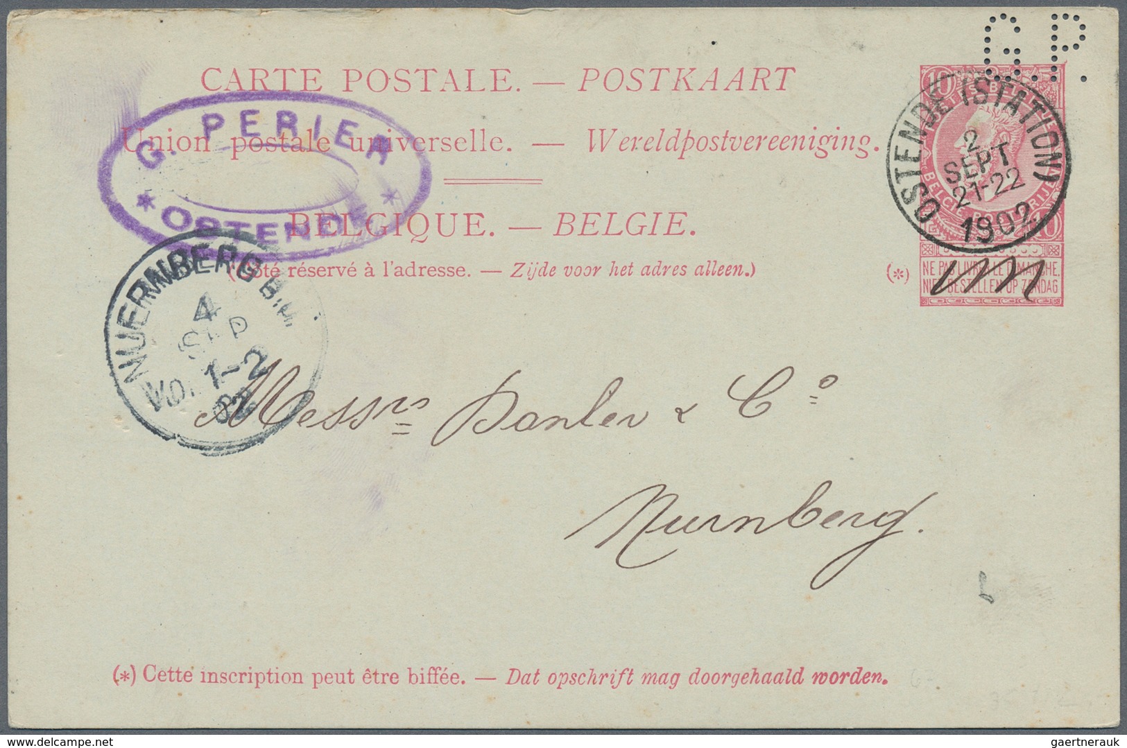 Belgien - Ganzsachen: 1902, 10 C Carmine Psc With Perfin "G.P." From G.Perier In Ostende With Cds OS - Other & Unclassified