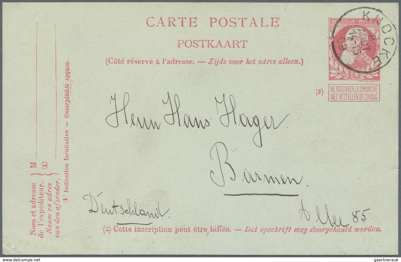 Belgien - Ganzsachen: 1909, 10 C Red Postal Stationery Card With Single Stamp "KNOCKE" To Barmen/Ger - Altri & Non Classificati