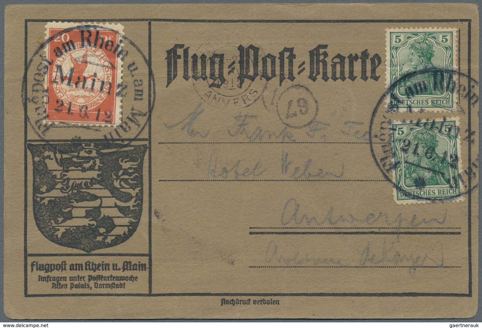 Belgien - Besonderheiten: 1912. Germany Official Card From The Grand Duchess Of Hesse's 1912 Flight - Autres & Non Classés