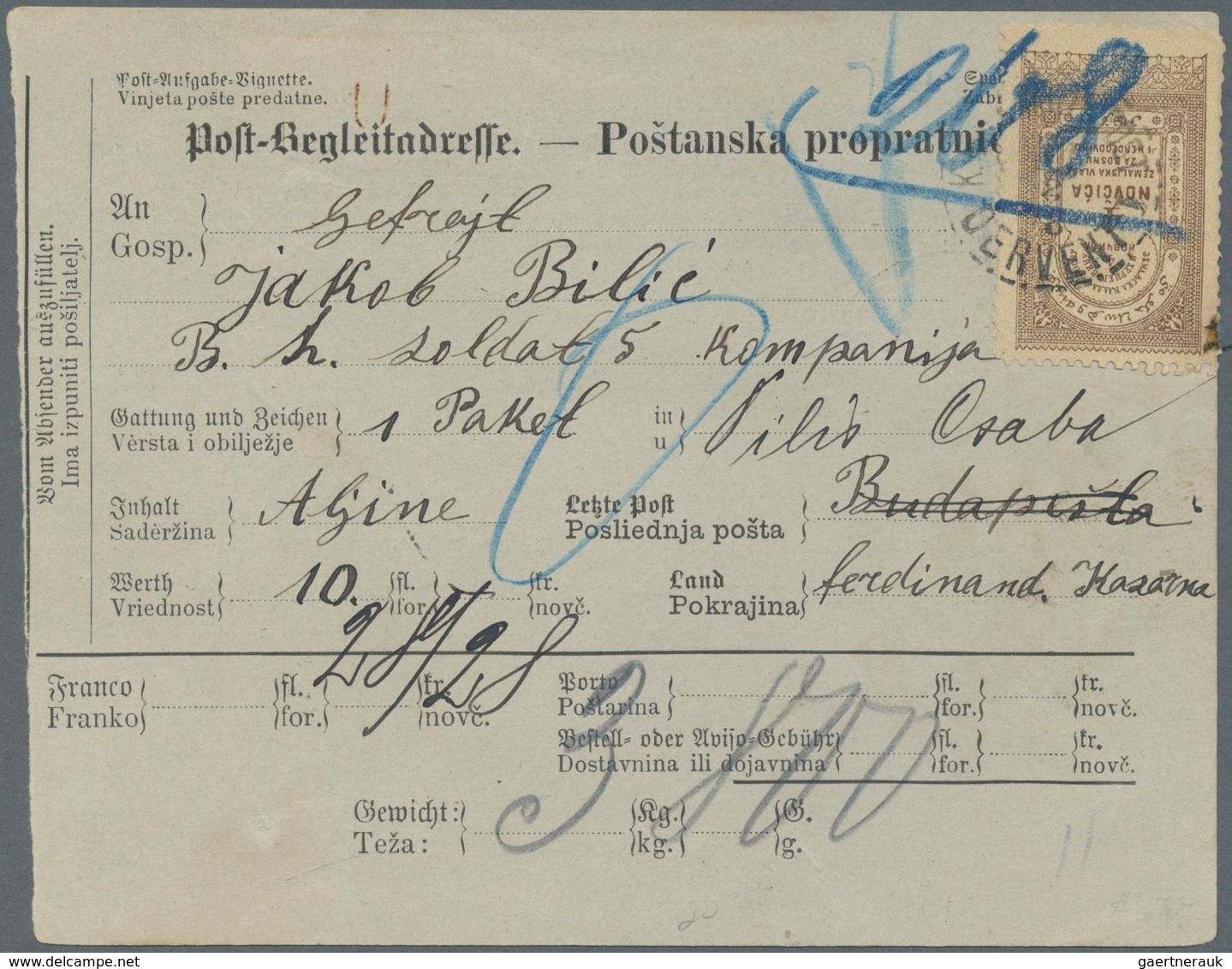 Bosnien Und Herzegowina (Österreich 1879/1918): 1898, Bilingual Parcel Card Accompanying A Parcel Of - Bosnia And Herzegovina