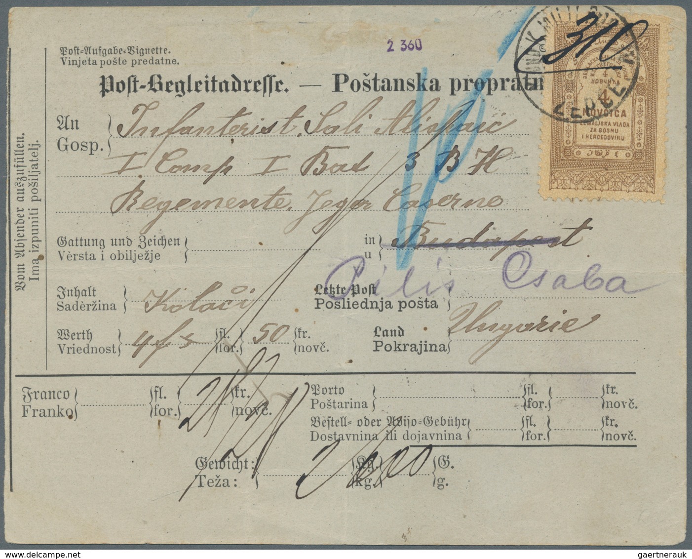 Bosnien Und Herzegowina (Österreich 1879/1918): 1898, Early Parcel Card To Bosnian Soldier Serving I - Bosnia And Herzegovina