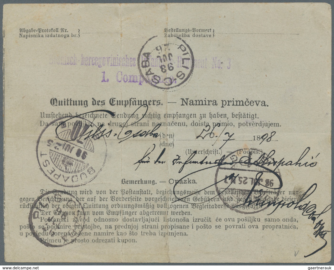 Bosnien Und Herzegowina (Österreich 1879/1918): 1898, Early Parcel Card To Bosnian Soldier Serving I - Bosnie-Herzegovine