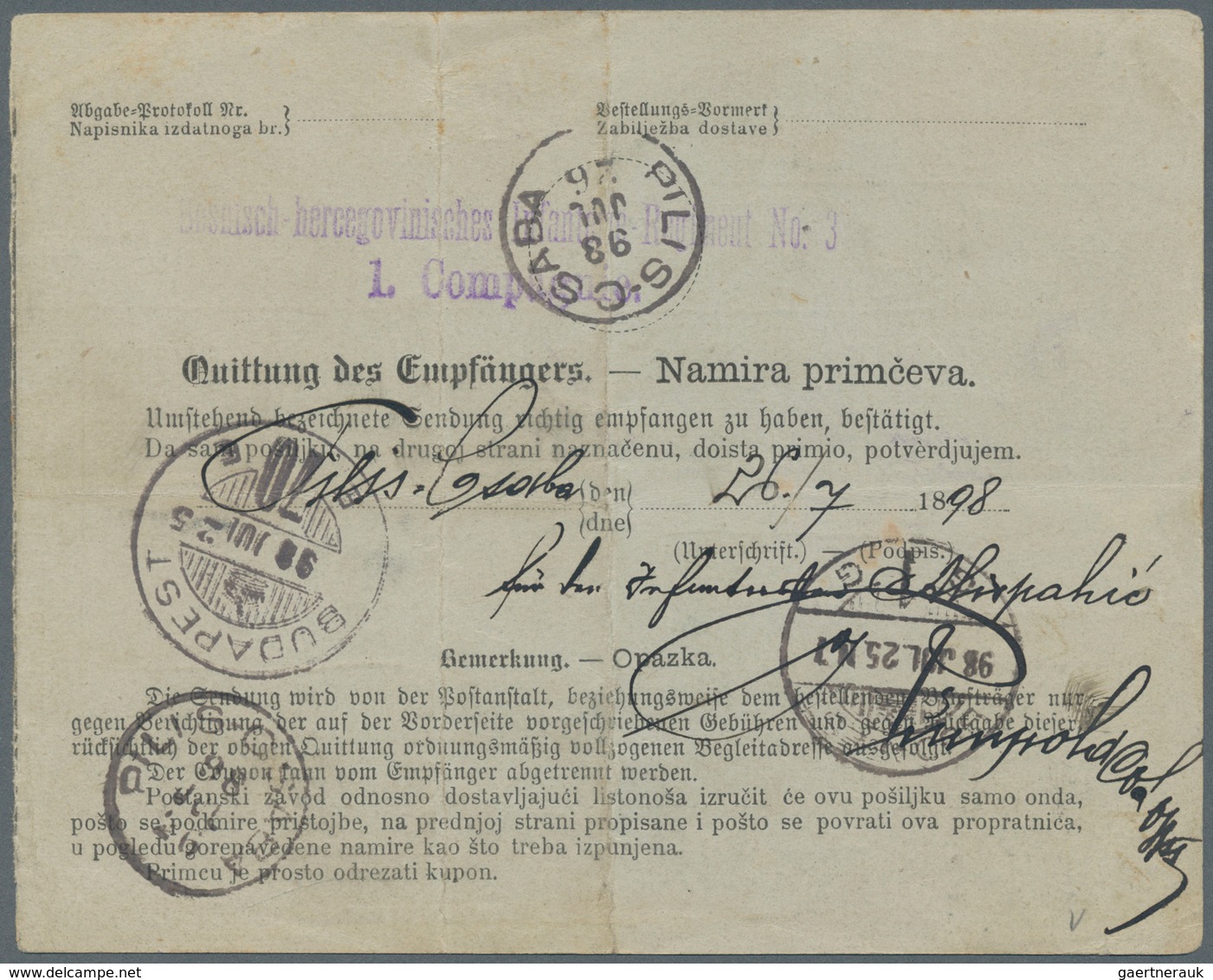 Bosnien Und Herzegowina (Österreich 1879/1918): 1898, Early Parcel Card To Bosnian Soldier Serving I - Bosnien-Herzegowina