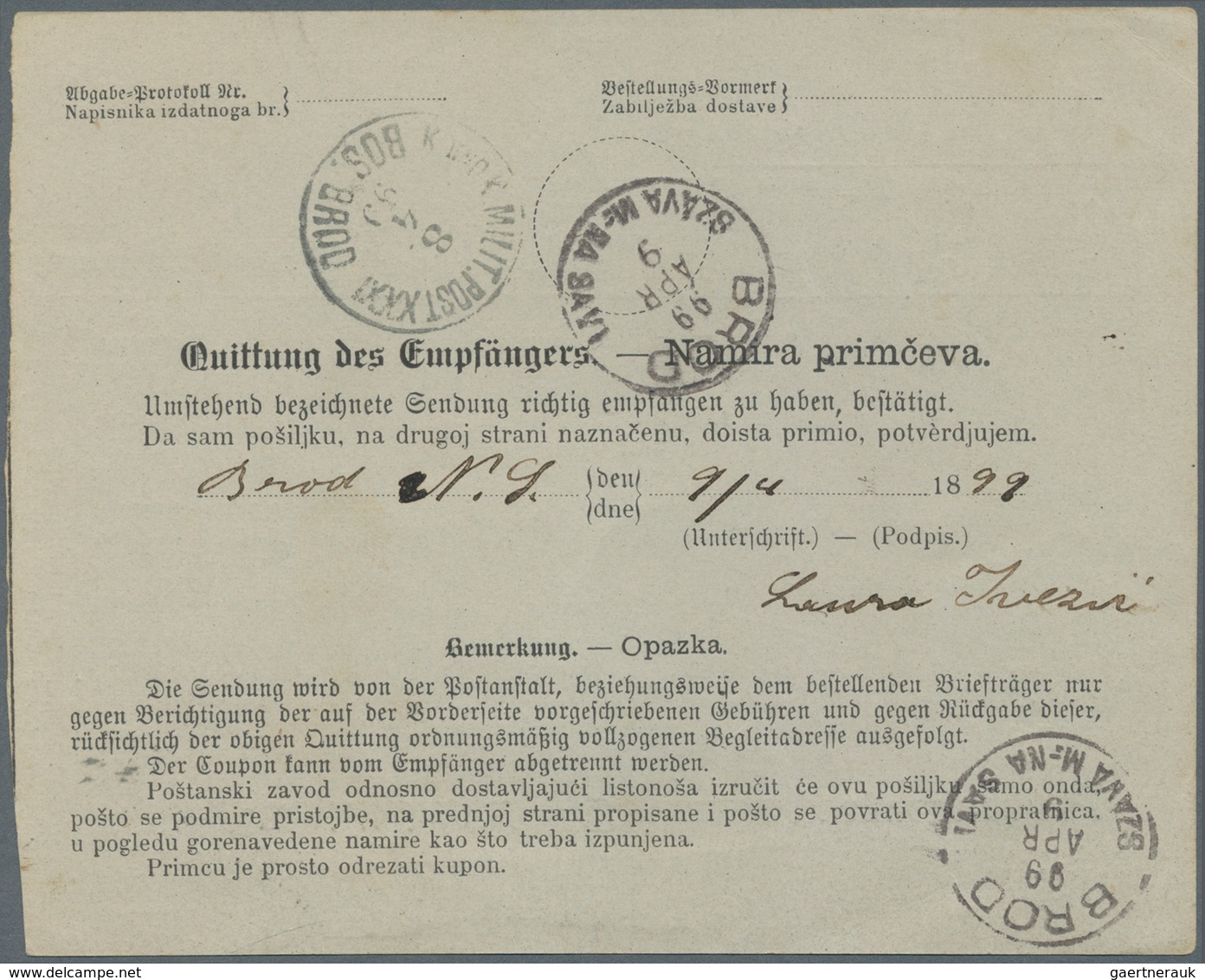 Bosnien Und Herzegowina (Österreich 1879/1918): 1899. Bilingual Parcel Card (German And Croatian), A - Bosnien-Herzegowina