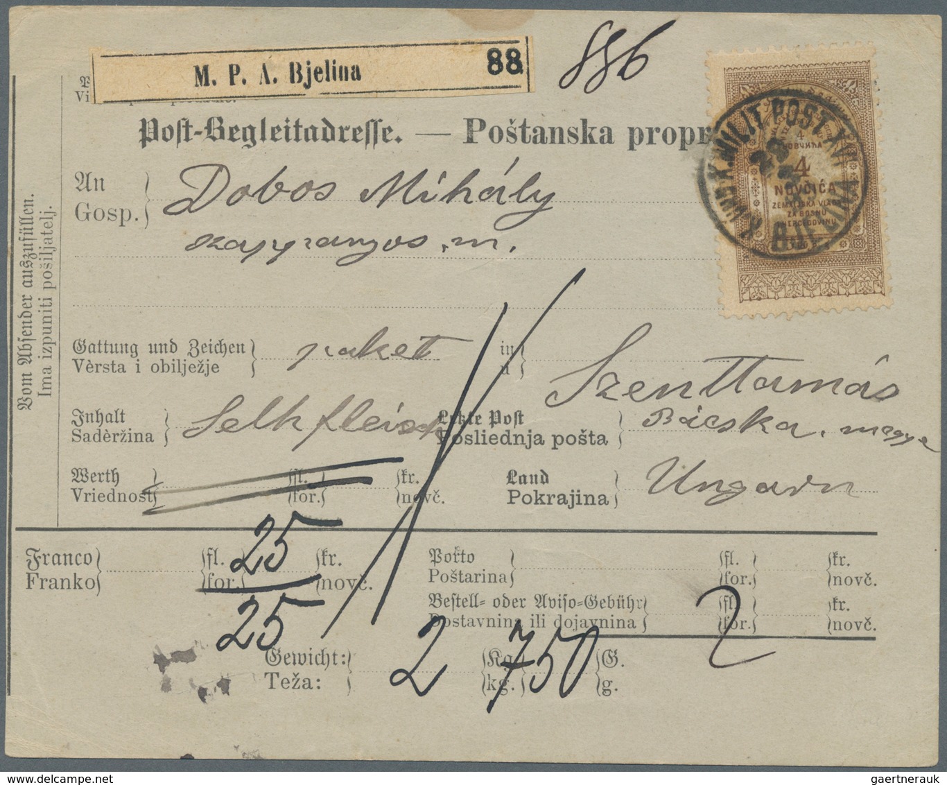 Bosnien Und Herzegowina (Österreich 1879/1918): 1899, Bilingual Parcel Card Accompanying A Parcel To - Bosnien-Herzegowina