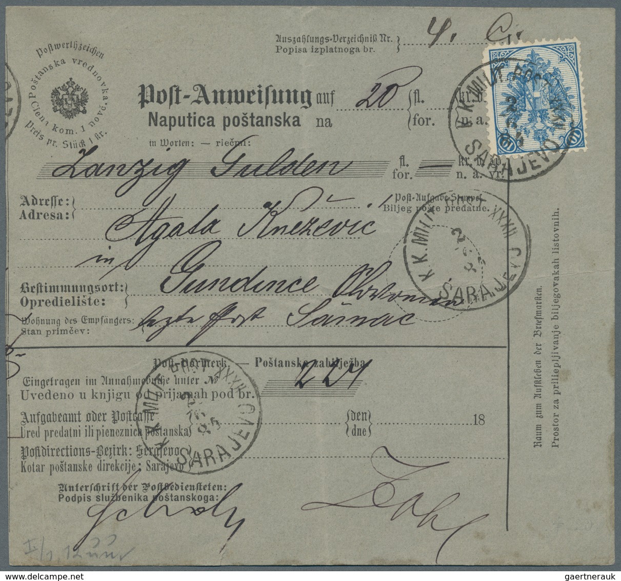 Bosnien Und Herzegowina (Österreich 1879/1918): 1885. 1(kr) Black/grey Bilingual "Post-Anweisung/Nap - Bosnie-Herzegovine