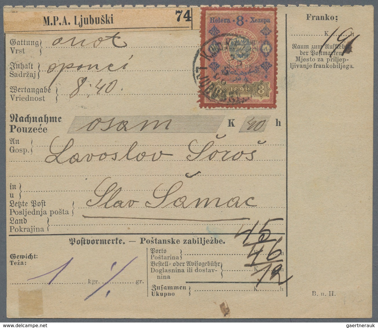 Bosnien Und Herzegowina (Österreich 1879/1918): 1906, "B U H." Parcel Card Accompanying A Small C.O. - Bosnia And Herzegovina