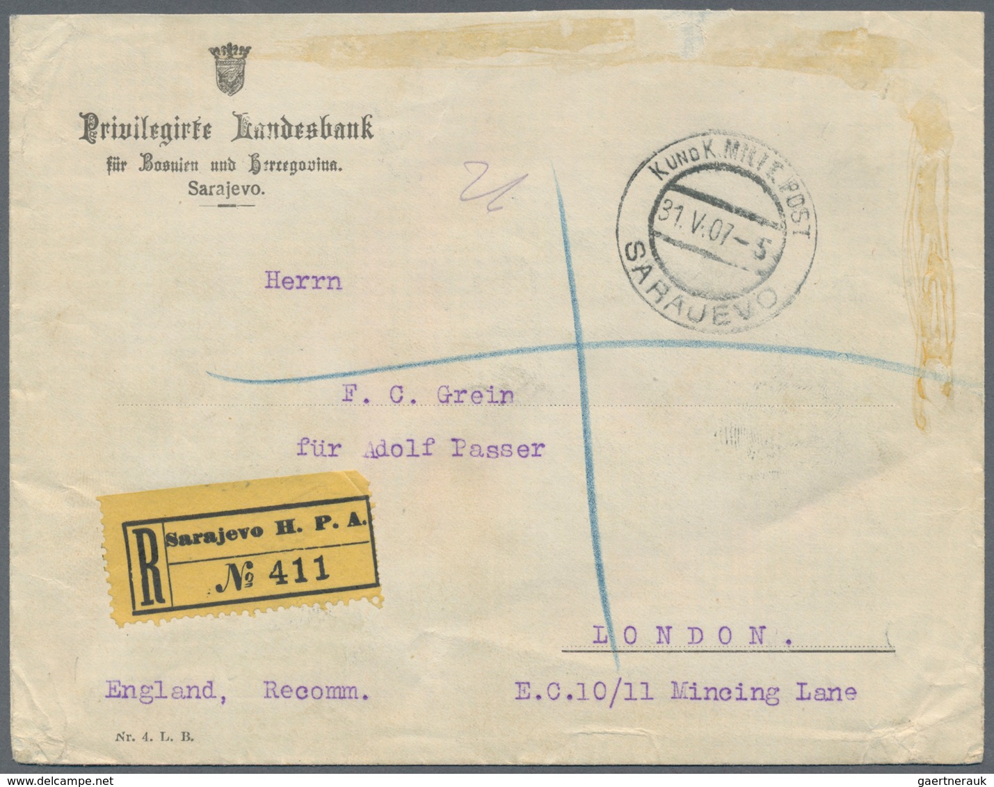 Bosnien Und Herzegowina (Österreich 1879/1918): 1907. Bank Envelope (faults) Registered To A Famous - Bosnien-Herzegowina