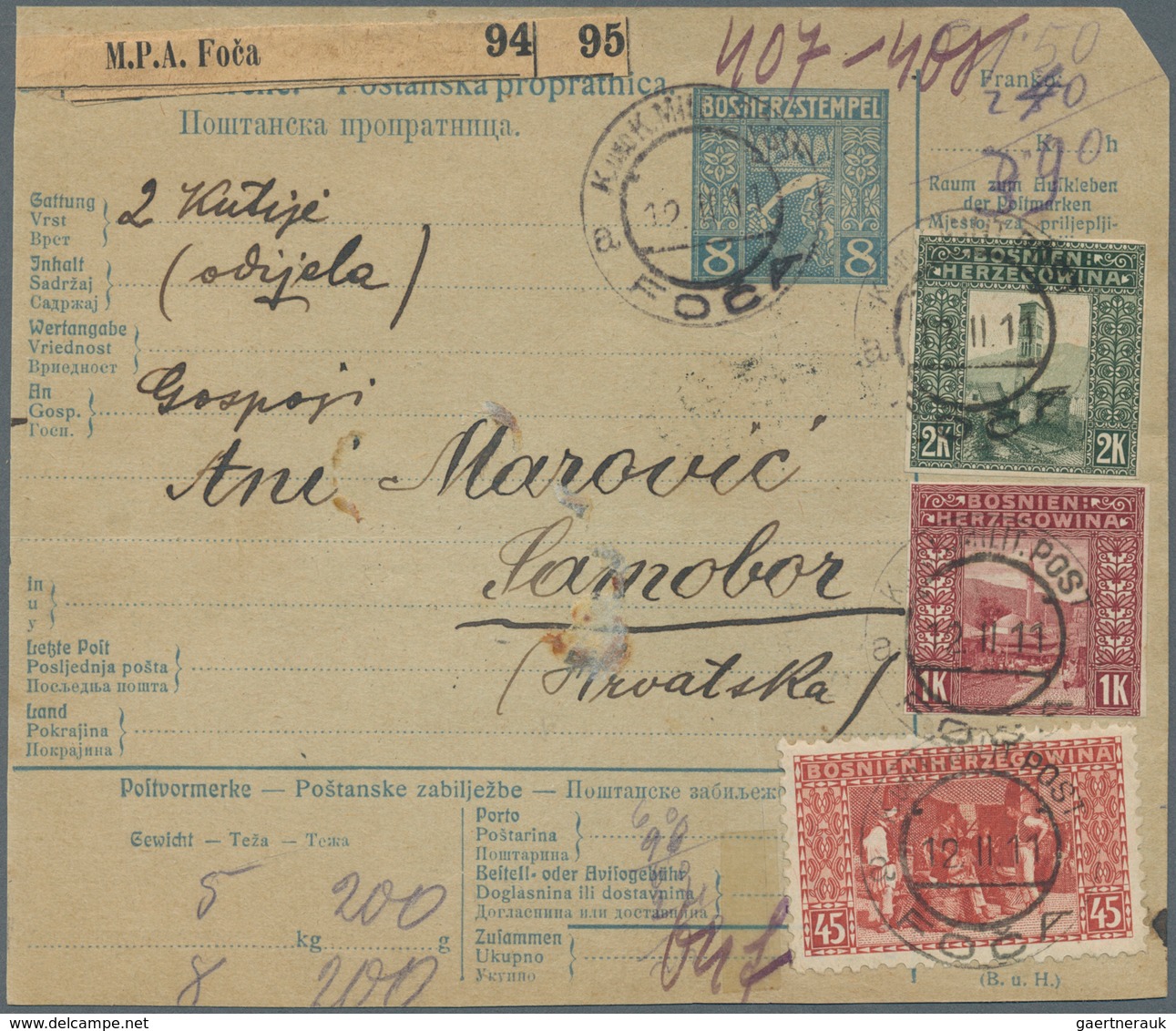 Bosnien Und Herzegowina (Österreich 1879/1918): 1911, 8H Blue “Sword” Type Parcel Card, Accompanying - Bosnie-Herzegovine