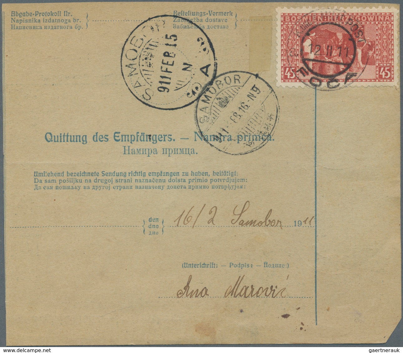 Bosnien Und Herzegowina (Österreich 1879/1918): 1911, 8H Blue “Sword” Type Parcel Card, Accompanying - Bosnia And Herzegovina