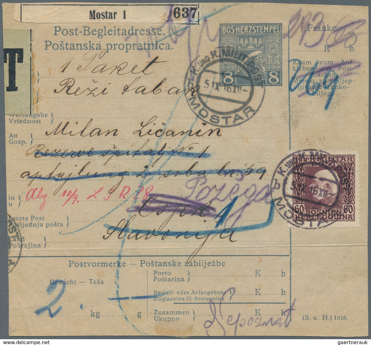 Bosnien Und Herzegowina (Österreich 1879/1918): 1916. (8h) Pale Blue/old White "Sword" Type Parcel C - Bosnie-Herzegovine