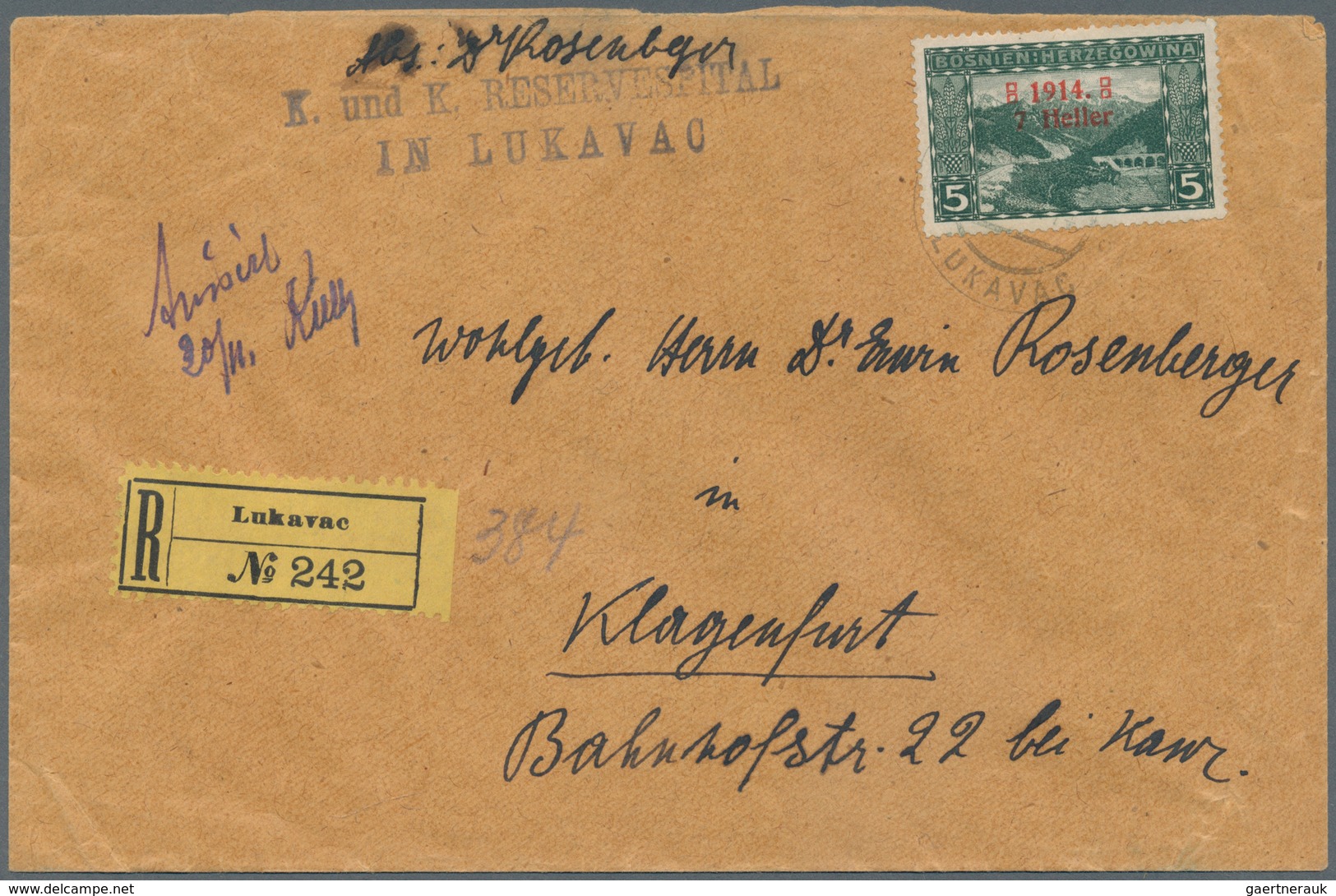 Bosnien Und Herzegowina (Österreich 1879/1918): 1914. Registered Cover Written By An Army Doctor Sta - Bosnie-Herzegovine