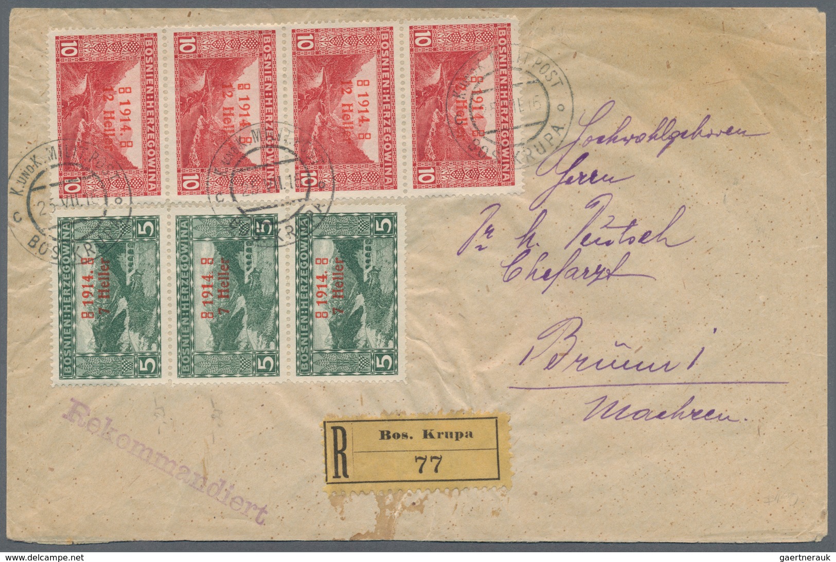 Bosnien Und Herzegowina (Österreich 1879/1918): 1916, Registered Cover To MORAVIA Franked 7 H On 5(h - Bosnie-Herzegovine