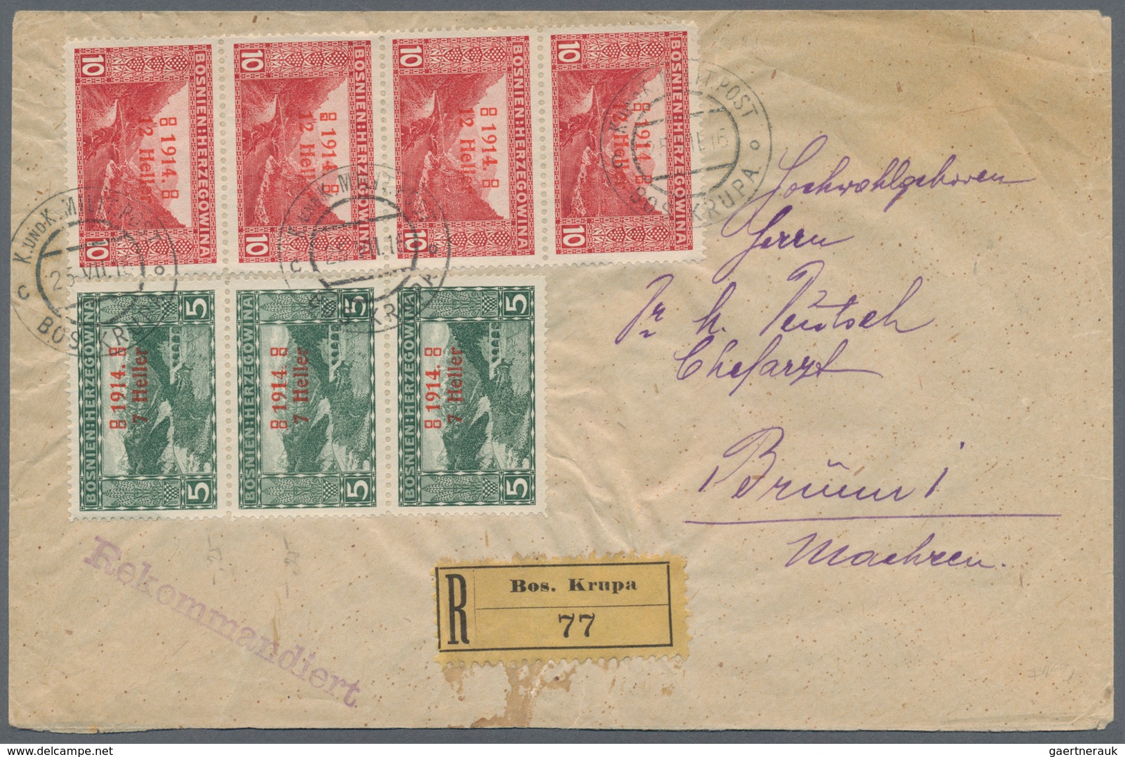 Bosnien Und Herzegowina (Österreich 1879/1918): 1916, Registered Cover To MORAVIA Franked 7 H On 5(h - Bosnien-Herzegowina