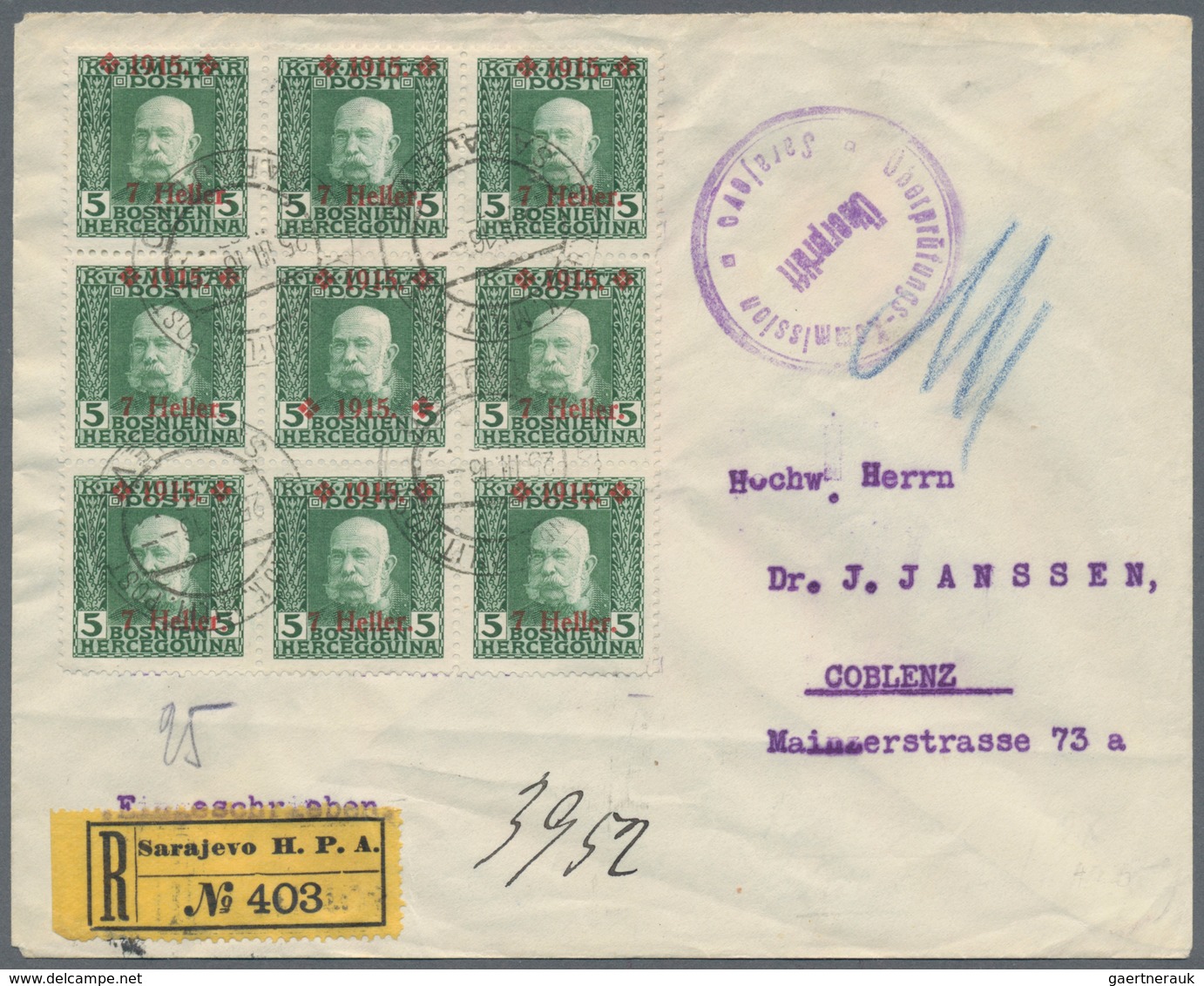 Bosnien Und Herzegowina (Österreich 1879/1918): 1916. Registered Cover (light Fold) To COBLENZ Beari - Bosnie-Herzegovine