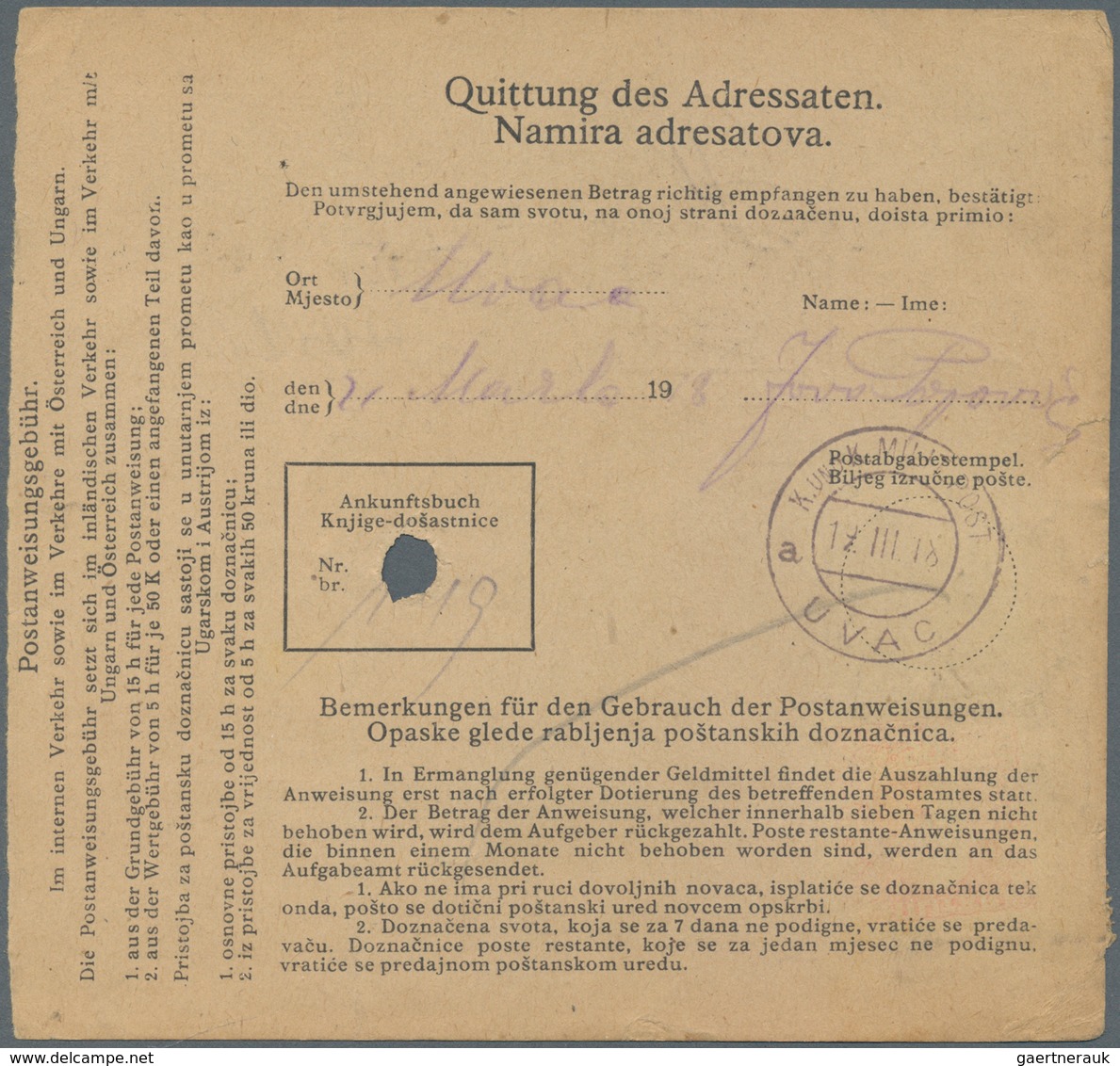 Bosnien Und Herzegowina (Österreich 1879/1918): 1918, 3h Black/yellowish MONEY ORDER For Sum Of 1,00 - Bosnia And Herzegovina