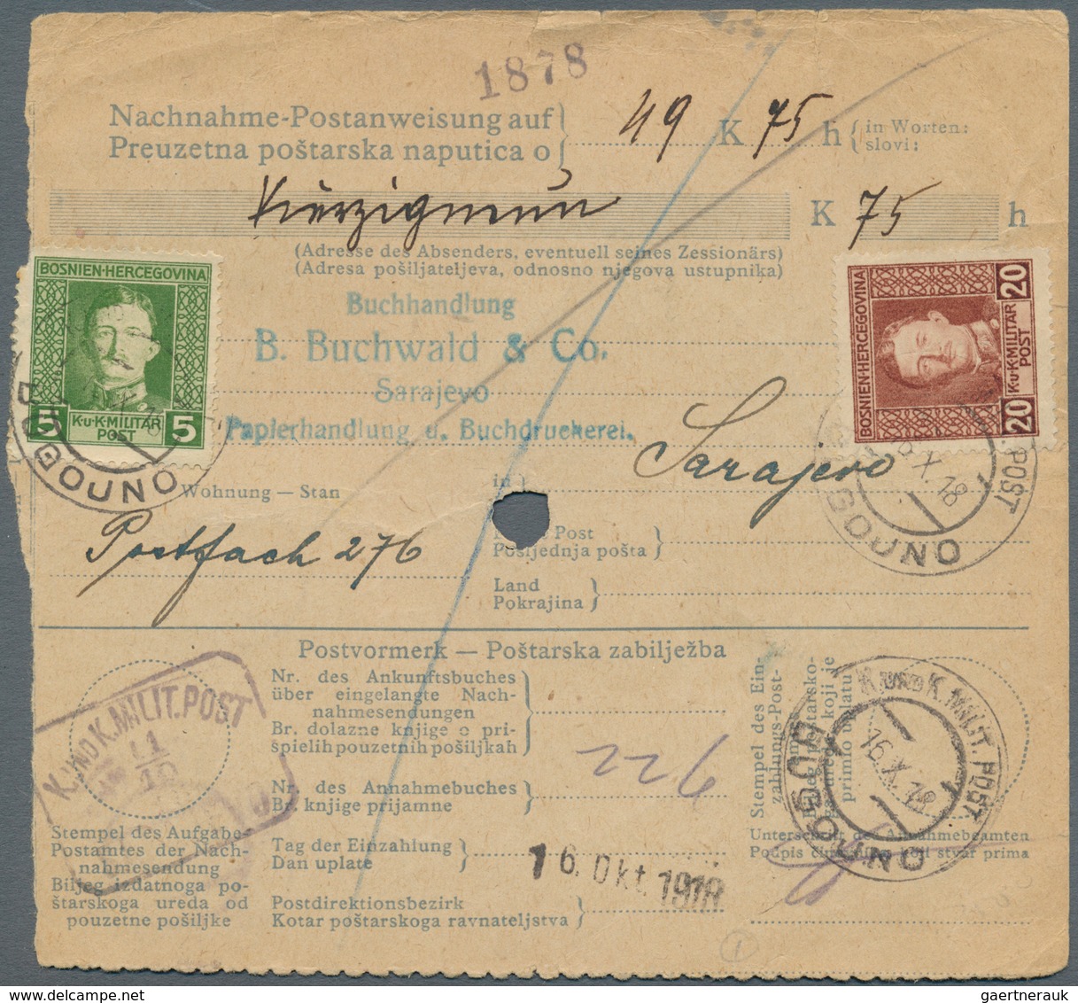 Bosnien Und Herzegowina (Österreich 1879/1918): 1918 (16.10.), Nachnahme-Postanweisung (Mgl.) Mit Ka - Bosnie-Herzegovine