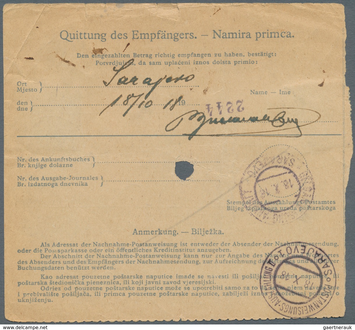 Bosnien Und Herzegowina (Österreich 1879/1918): 1918 (16.10.), Nachnahme-Postanweisung (Mgl.) Mit Ka - Bosnia And Herzegovina