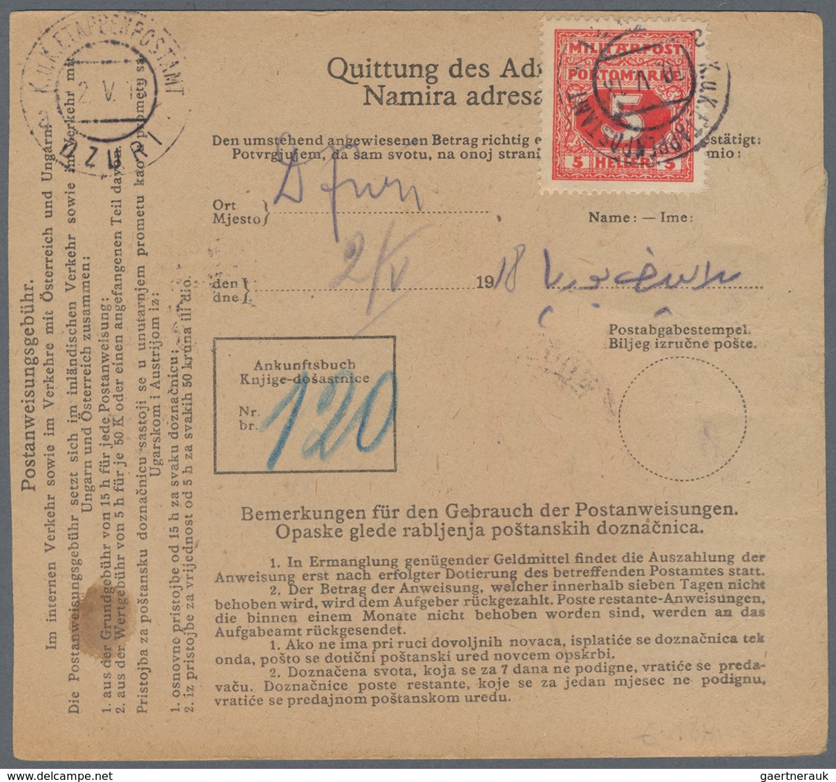 Bosnien Und Herzegowina (Österreich 1879/1918): 1918. 3 H Black/chamois MONEY ORDER Form For The Sum - Bosnie-Herzegovine