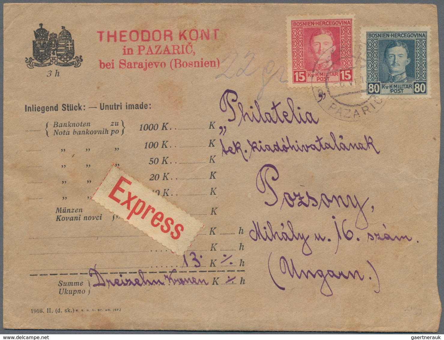 Bosnien Und Herzegowina (Österreich 1879/1918): 1918. 3 H Black/brown MONEY Letter With 13 K, Expres - Bosnia And Herzegovina