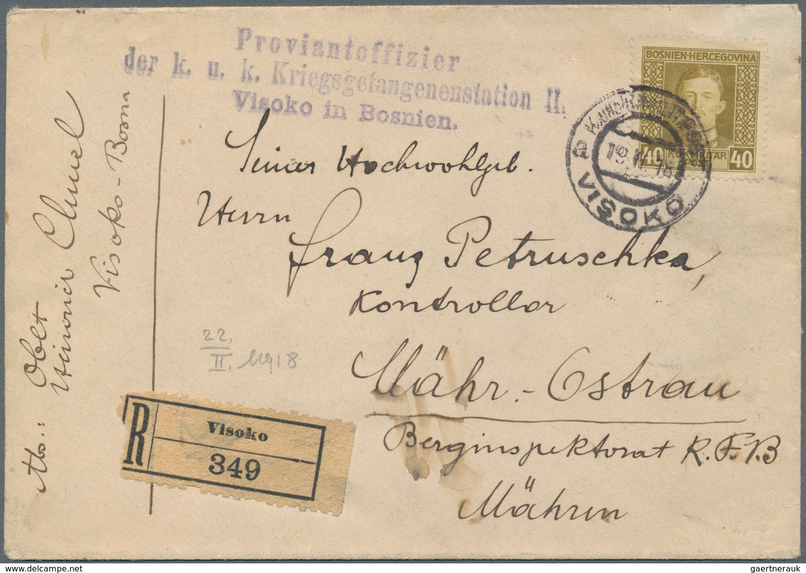 Bosnien Und Herzegowina (Österreich 1879/1918): 1917, 40 H Gelboliv Einzelfrankatur Auf R-Brief Von - Bosnia And Herzegovina