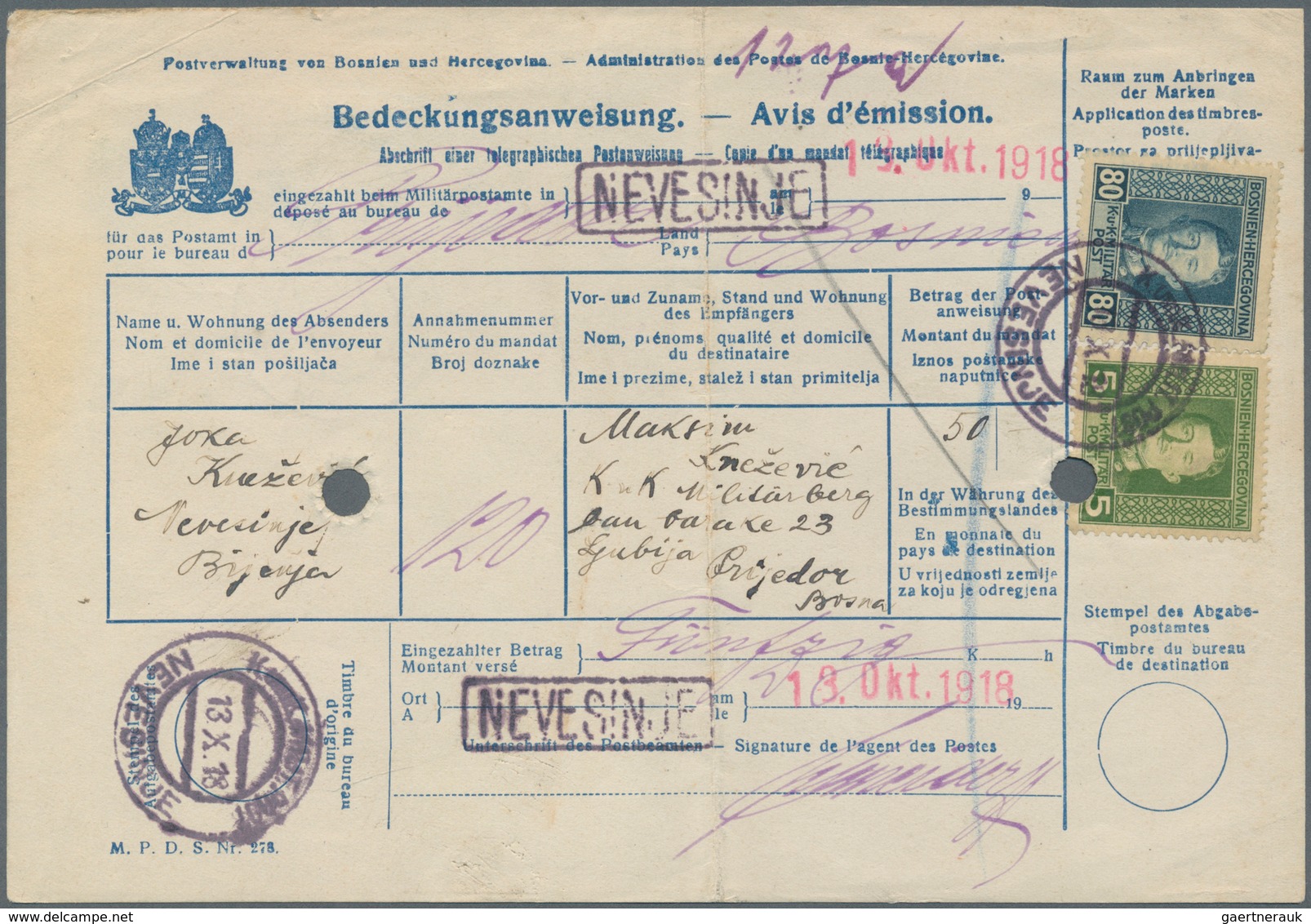 Bosnien Und Herzegowina (Österreich 1879/1918): 1918, Bilingual Blue Telegraphic Money Order, Value - Bosnien-Herzegowina