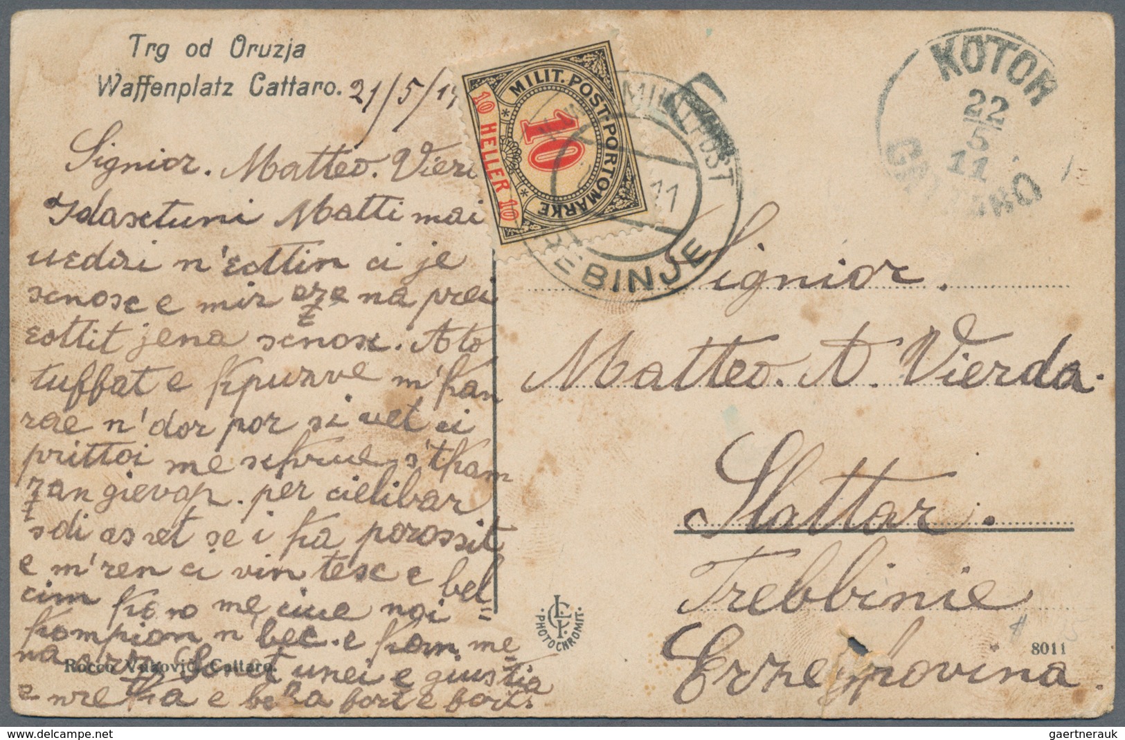 Bosnien Und Herzegowina (Österreich 1879/1918) - Portomarken: 1911, “CATTARO” Picture Postcard To TR - Bosnien-Herzegowina