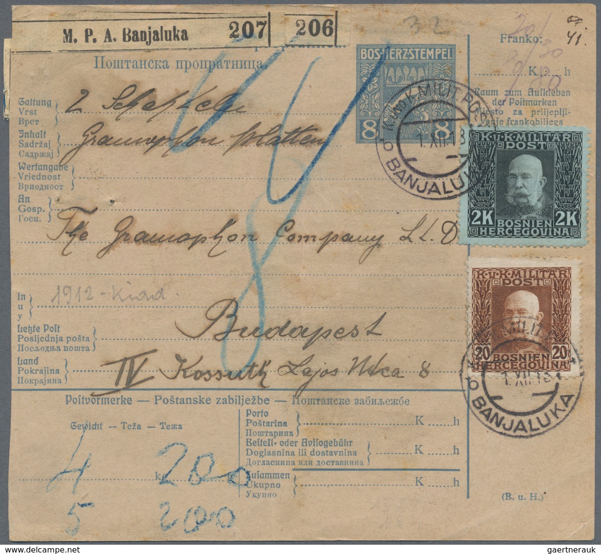 Bosnien Und Herzegowina - Ganzsachen: 1913, 8(H) Blue/pale Buff “Sword” Type Parcel Card Accompanyin - Bosnia And Herzegovina