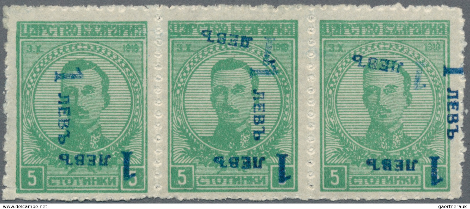 Bulgarien: 1924 Mi. 183K(x) Strip Of Three With Inverted Double/triple Surcharge, One Stamp Is Hinge - Unused Stamps